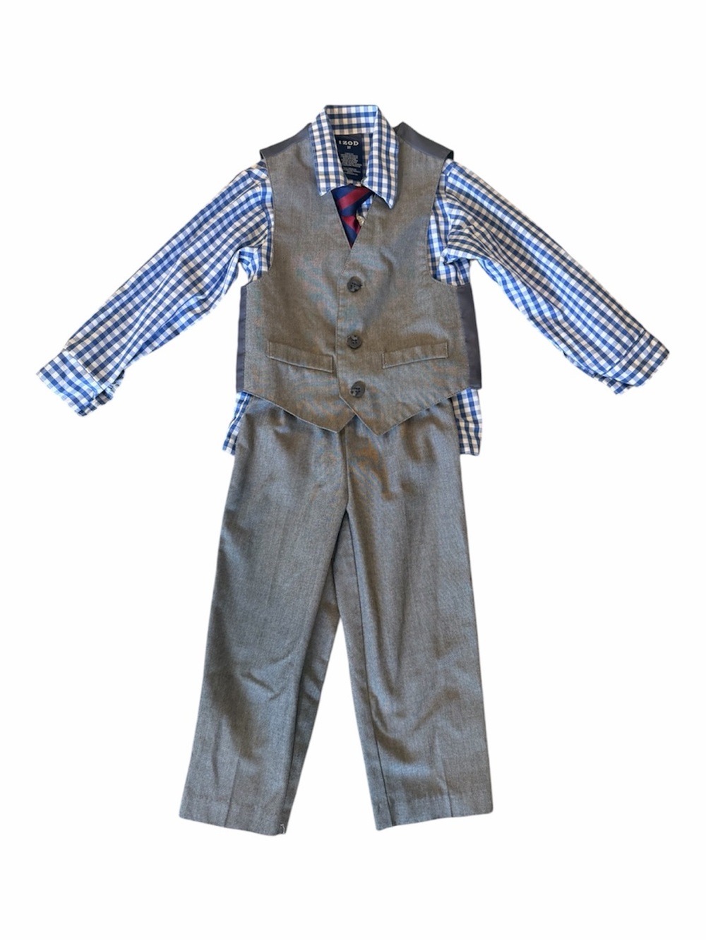 Izod Boys Gray Vest Pants Set with Blue Gingham Shirt and Tie